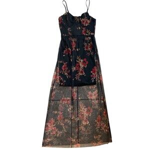 Guess XS Black‎ Floral Mesh Maxi Dress Sheer Overlay Spaghetti Strap NWT